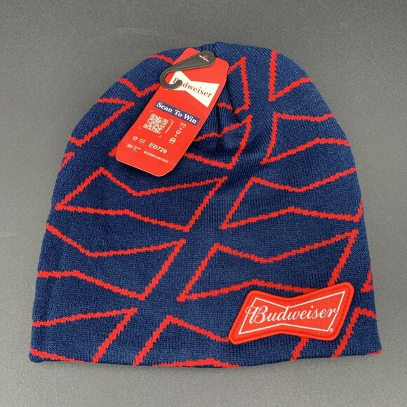 Men’s Novelty Beanie Hat Budweiser Winter Blue and Red New with Tags One Size - Picture 1 of 2